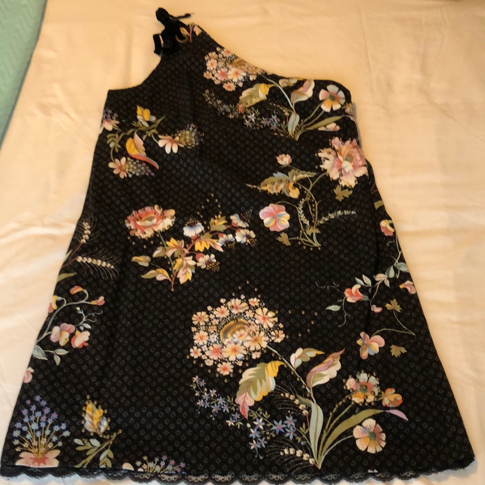 Maeve (Anthropologie) dress, 1 shoulder, above the knee, black/floral print, NWT